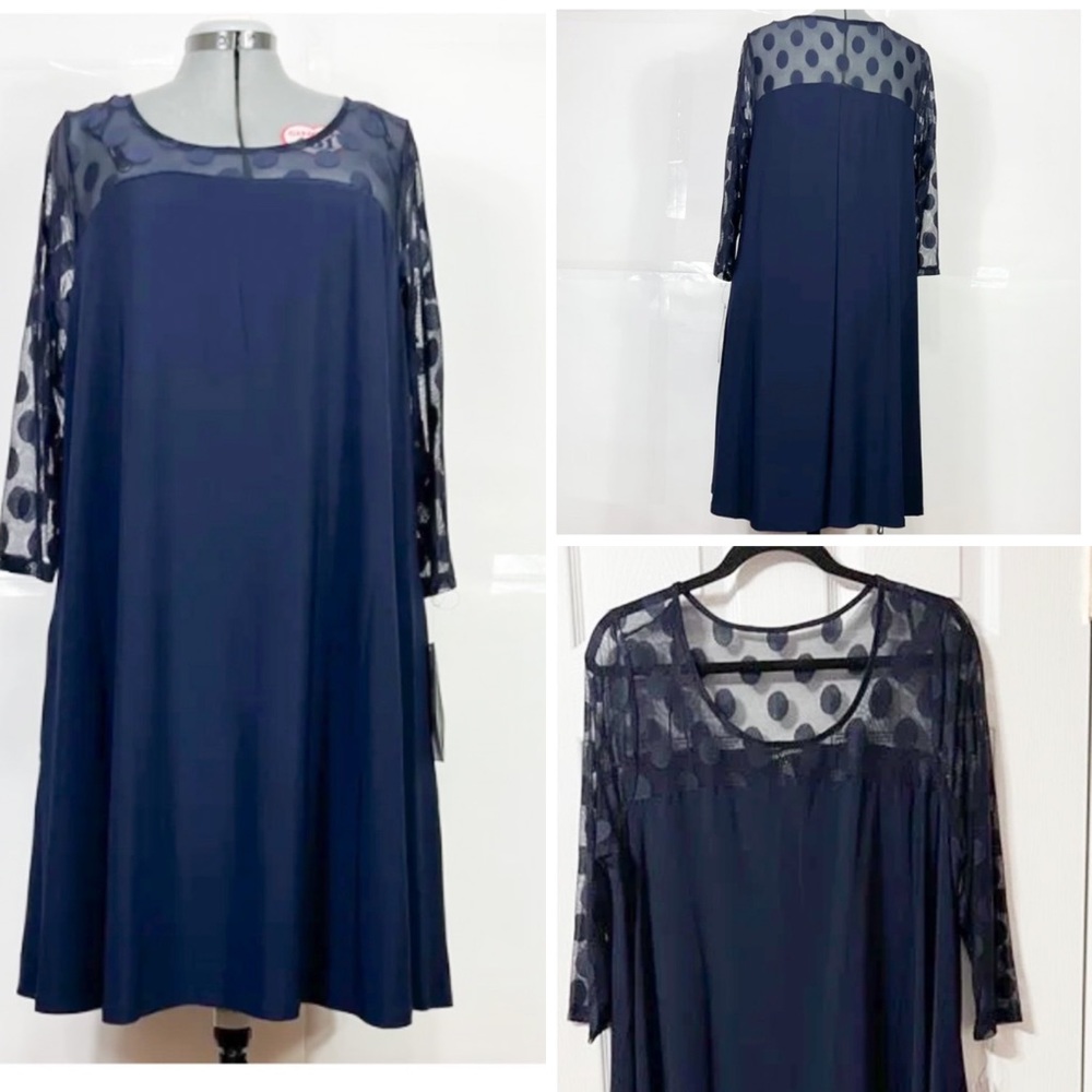 Nina Leonard NWT Sz1X Polka Dots Illusion Neck 3/4 Sheer Sleeves Swing Dress